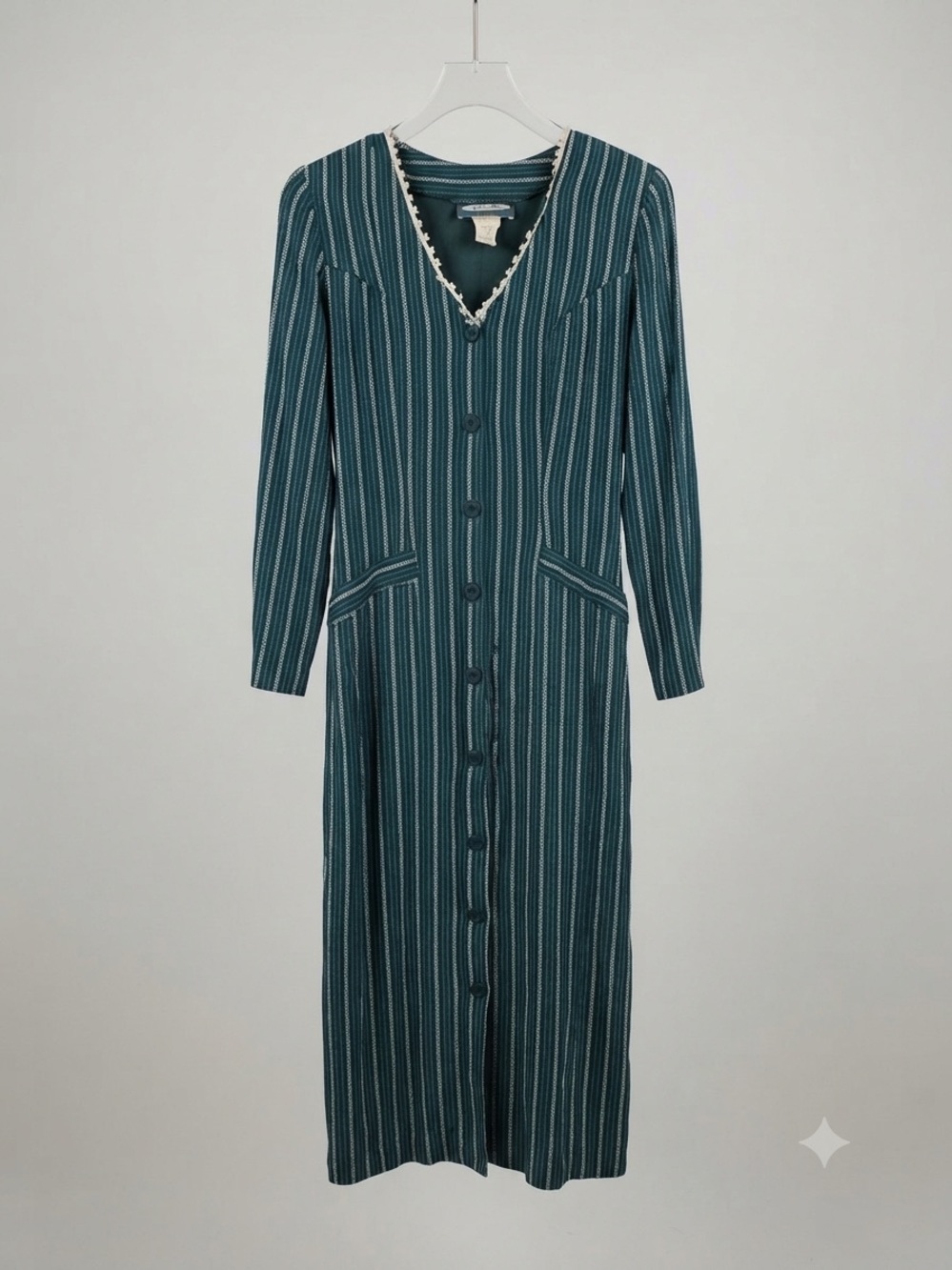 Calvin Klein Collection Teal and White Striped Long-Sleeve Maxi Dress